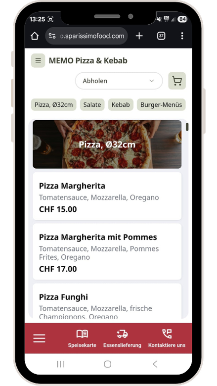 Auf dem Bildschirm eines Mobiltelefons wird die Online-Speisekarte von MIMO Pizza & Kebab angezeigt. Darunter befindet sich eine Pizza Margherita.