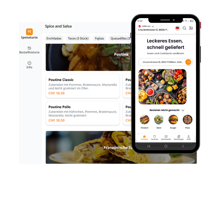 Screenshots einer Essensbestell-App, die links ein Menü und rechts eine Werbeseite anzeigt.