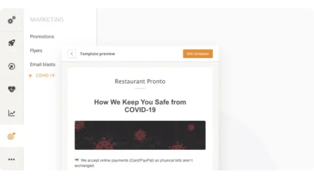 Marketing-Dashboard mit einer Werbe-E-Mail eines Restaurants zu COVID-19-Sicherheitsmaßnahmen.