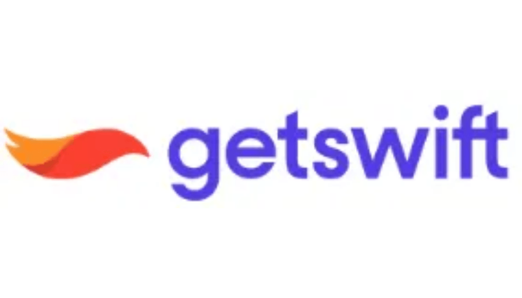 Logo für GetSwift: blauer Text, Vogelsymbol in Rot und Orange.