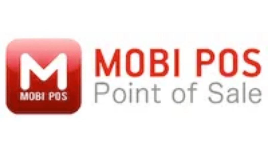 Mobi POS-Logo: Rotes Quadrat mit weißem „M“ und dem Schriftzug „MOBI POS“; Schriftzug „MOBI POS Point of Sale“ in Rot und Grau.