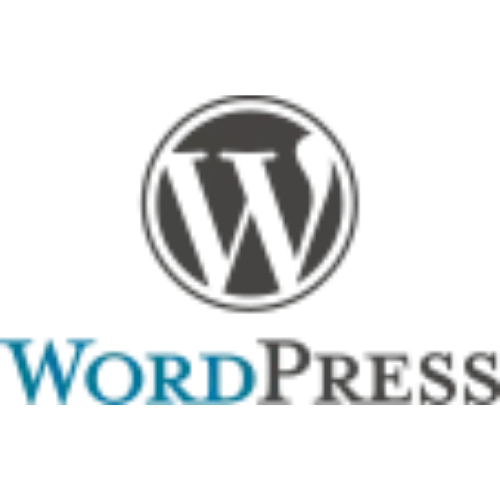 WordPress-Logo: graues „W“ in einem grauen Kreis, mit dem Schriftzug „WordPress“ in Blau.