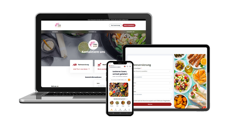 Die Website wird auf Laptop, Tablet und Smartphone angezeigt und präsentiert Speisen und die Benutzeroberfläche.