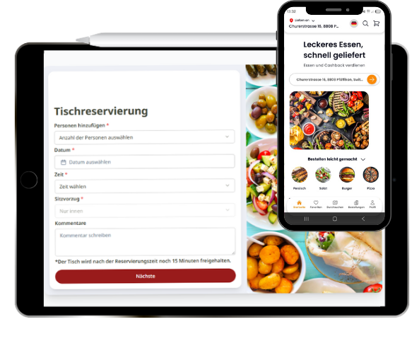 Auf einem Tablet und einem Smartphone werden ein Tischreservierungsformular bzw. eine Speisekarte angezeigt.