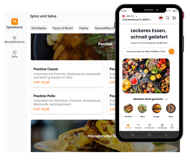 Essensliefer-App auf dem Handy, die neben einer Website das Menü für „Spice and Salsa“ anzeigt.