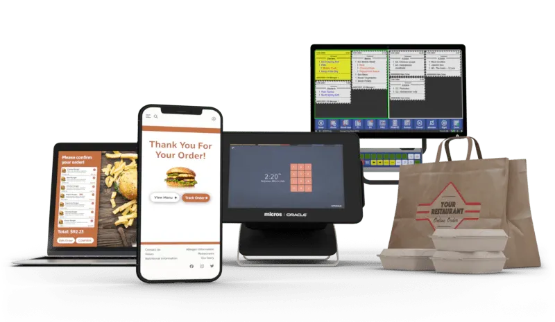 Kassensystem für das Restaurant auf Monitor, Laptop und Telefon; Tüten und Behälter zum Mitnehmen.