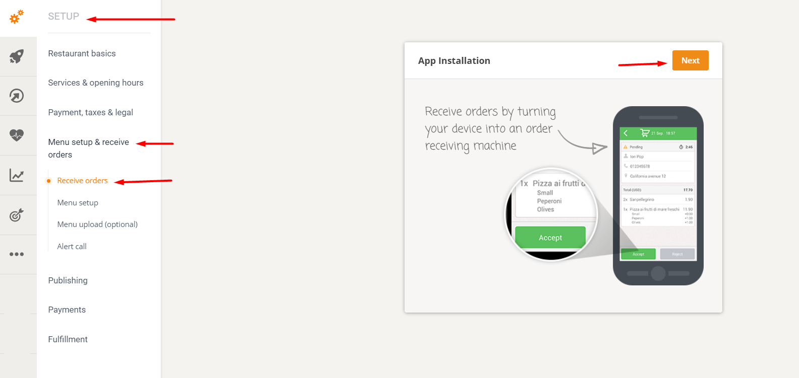 Dashboard mit seitlicher Navigation und Anzeige einer Benutzeroberfläche für Mobiltelefone; Schaltfläche „Weiter“.