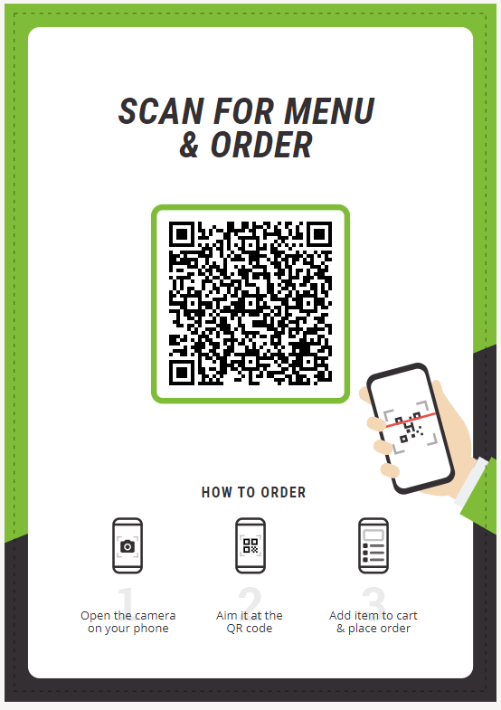 Hinweisschild zur QR-Code-Bestellung: Scannen Sie den Code für Speisekarte und Bestellung. Anleitung zum Scannen des QR-Codes mit dem Smartphone siehe unten.