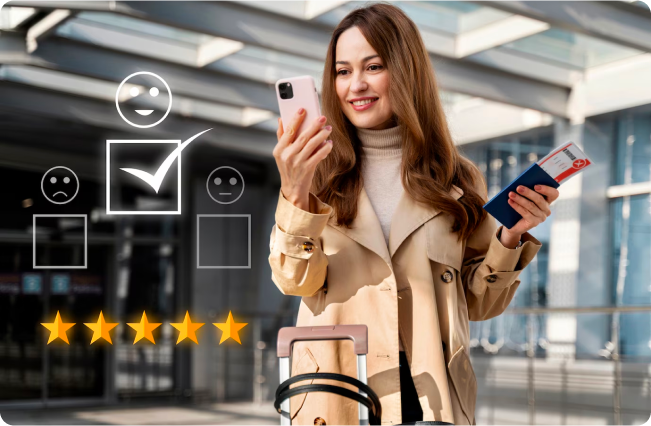 Frau mit Handy und Reisepass lächelt und gibt eine positive Bewertung ab; Flughafen im Hintergrund.