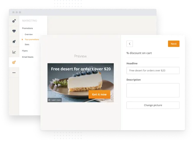 Entwurf einer Website-Bearbeitungsseite mit Vorschau einer Dessert-Aktion: Gratis-Dessert bei Bestellungen über 20 $.