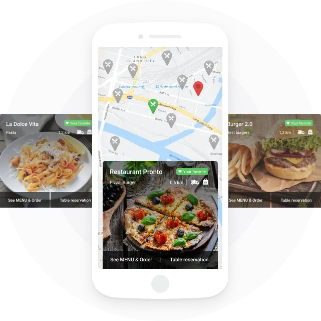 Smartphone-App, die auf einer Karte Lieferorte für Speisen wie Pasta, Pizza und Burger anzeigt.