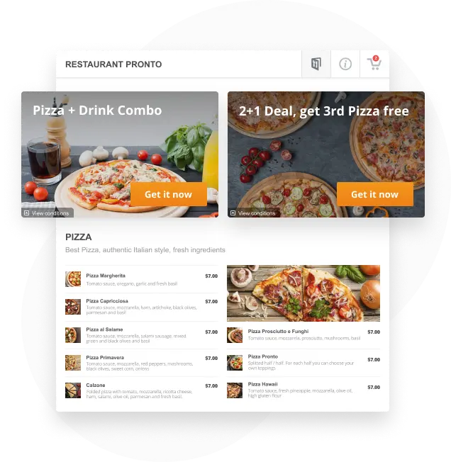 Die Website von Restaurant Pronto präsentiert Pizza-Angebote: Kombi-Angebote und 2+1 gratis. Pizza-Speisekarte mit Bildern der Gerichte.