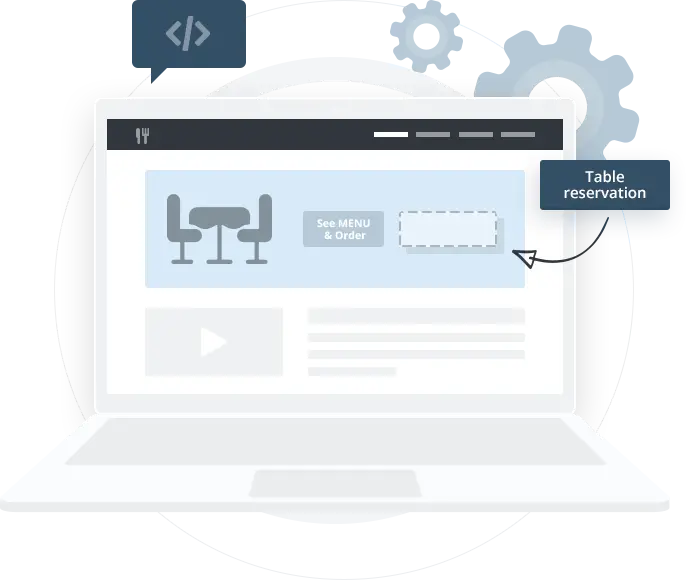 Laptop mit Restaurant-Website, Tischreservierungsbutton und Code-Symbol.