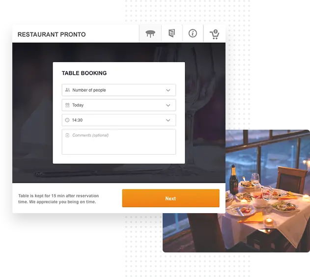 Online-Tischreservierungsformular von Restaurant Pronto, inklusive Tisch mit Speisen und Aussicht.