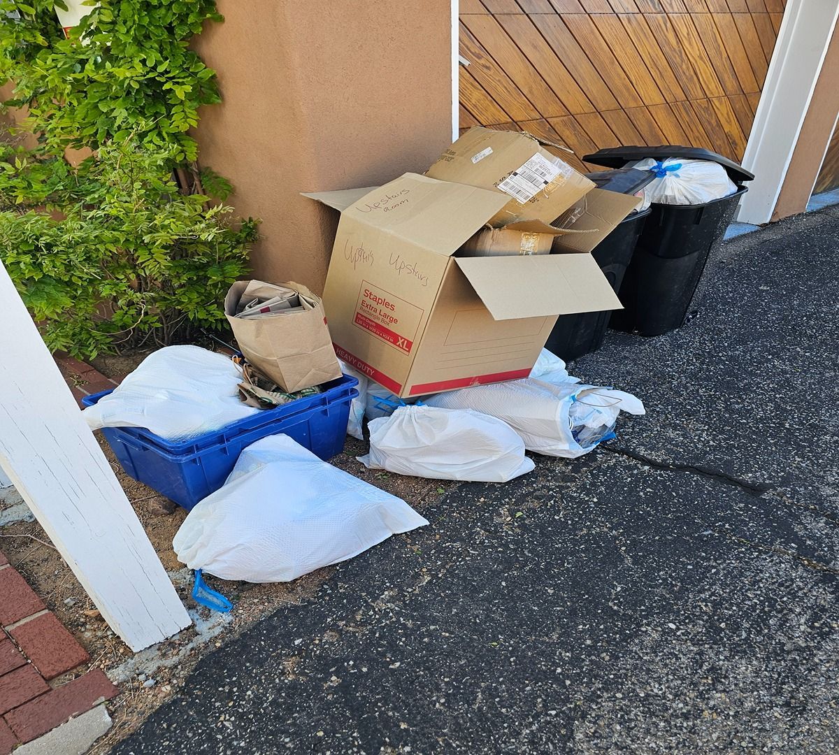 Overflowing trash bags and cardboard boxes piled beside a garage on a driveway.
