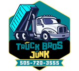 Truck Bros Junk logo with a white dump truck, teal dumpster, and phone number 505-720-3555.