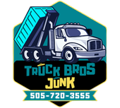 Truck Bros Junk logo with a white dump truck, teal dumpster, and phone number 505-720-3555.