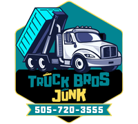 Truck Bros Junk logo with a white dump truck, teal dumpster, and phone number 505-720-3555.
