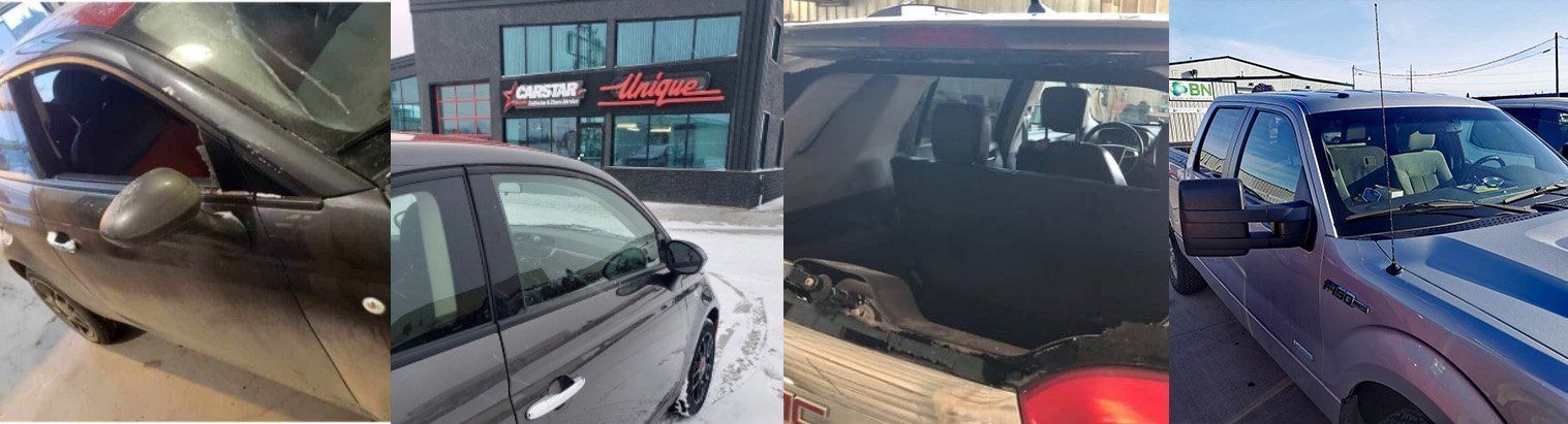 A collage of four pictures of cars in the snow.