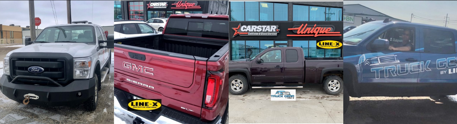 A collage of three pictures of trucks parked next to each other.