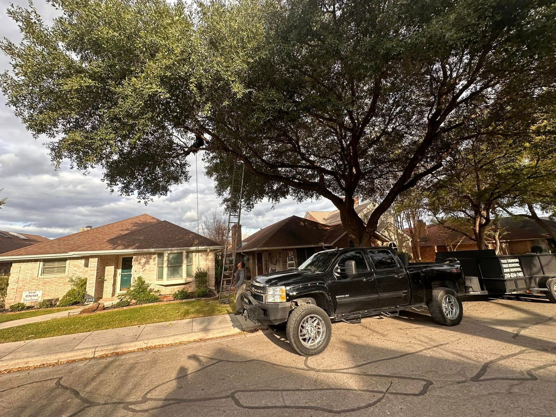 Black pickup truck parked in a residential street with houses and a large tree in the background.