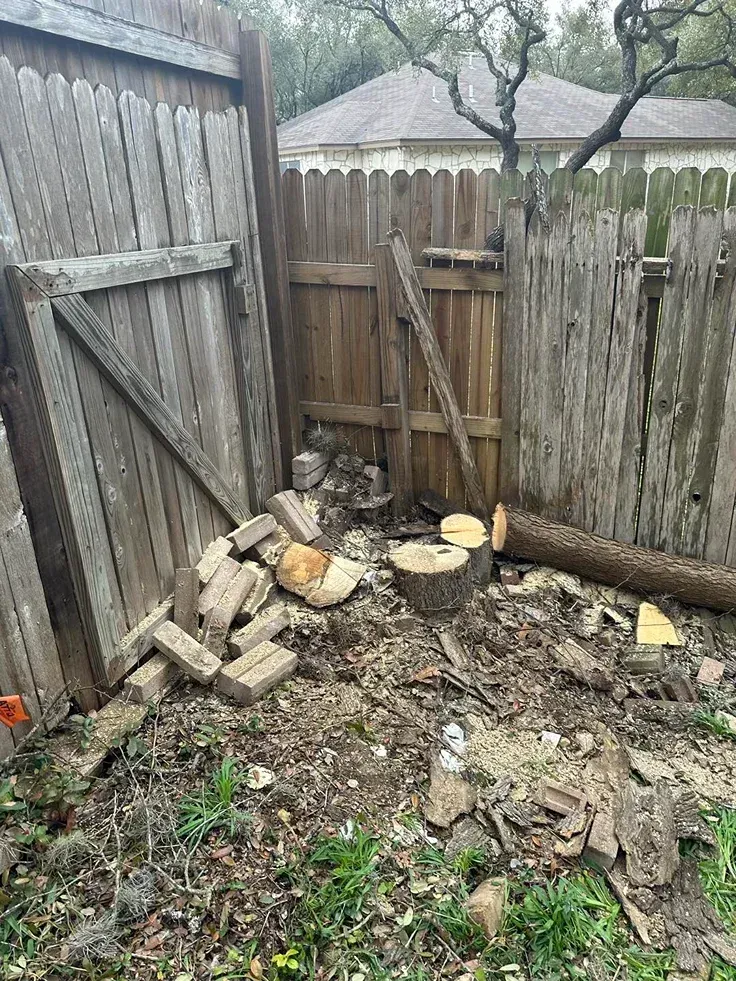 Backyard with debris, broken fence, wood logs, bricks.