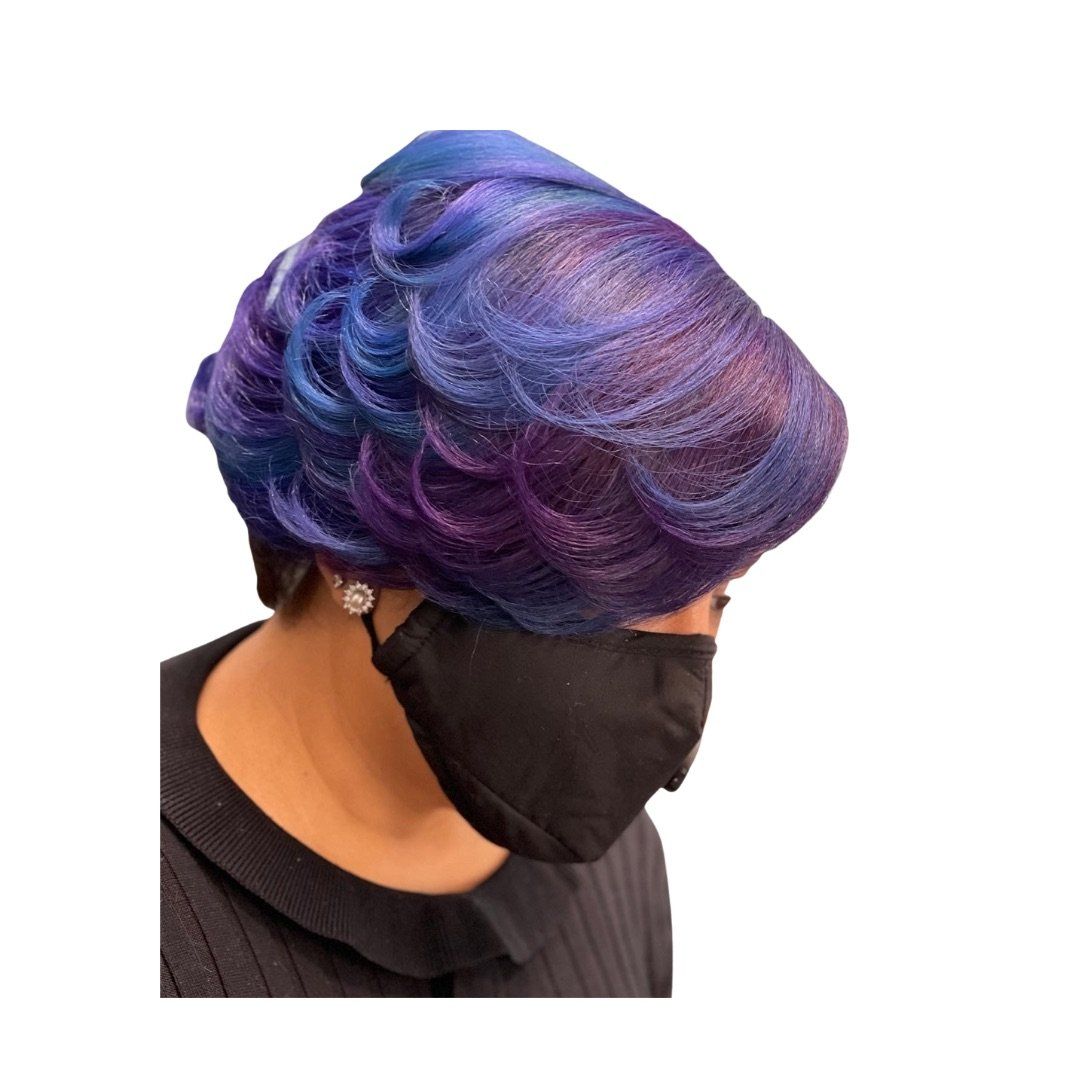blue hair, purple hair