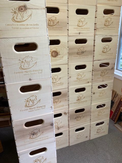 A stack of wooden boxes with a frog on them