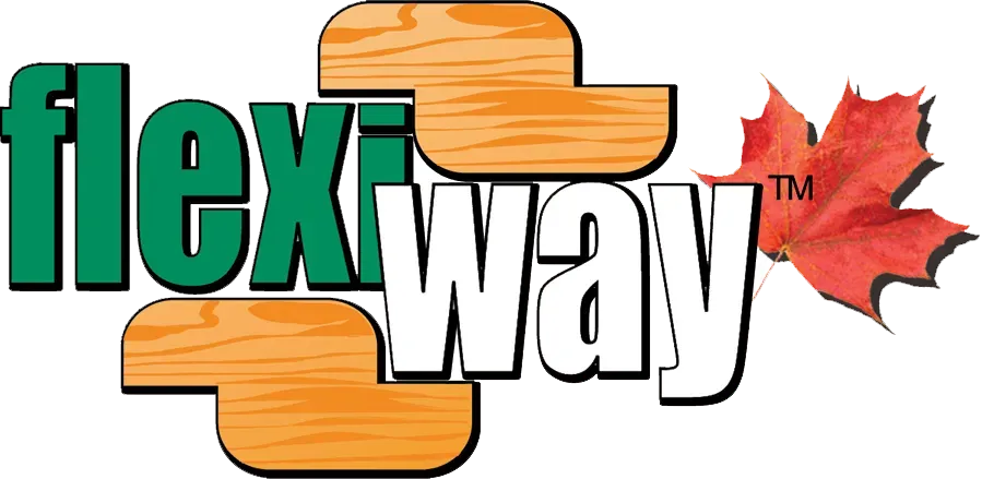 The logo for flexway is made of wood and has a maple leaf on it.