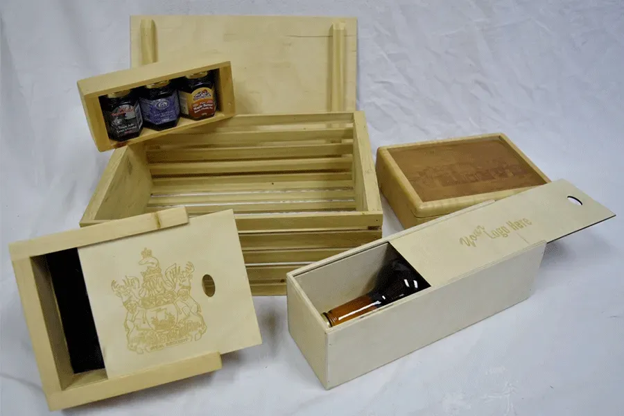 A wooden box with a bottle inside of it