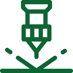 A green icon of a machine cutting a piece of metal.