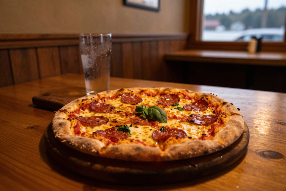 Cheesy pepperoni pizza on a wooden table in a cozy restaurant booth