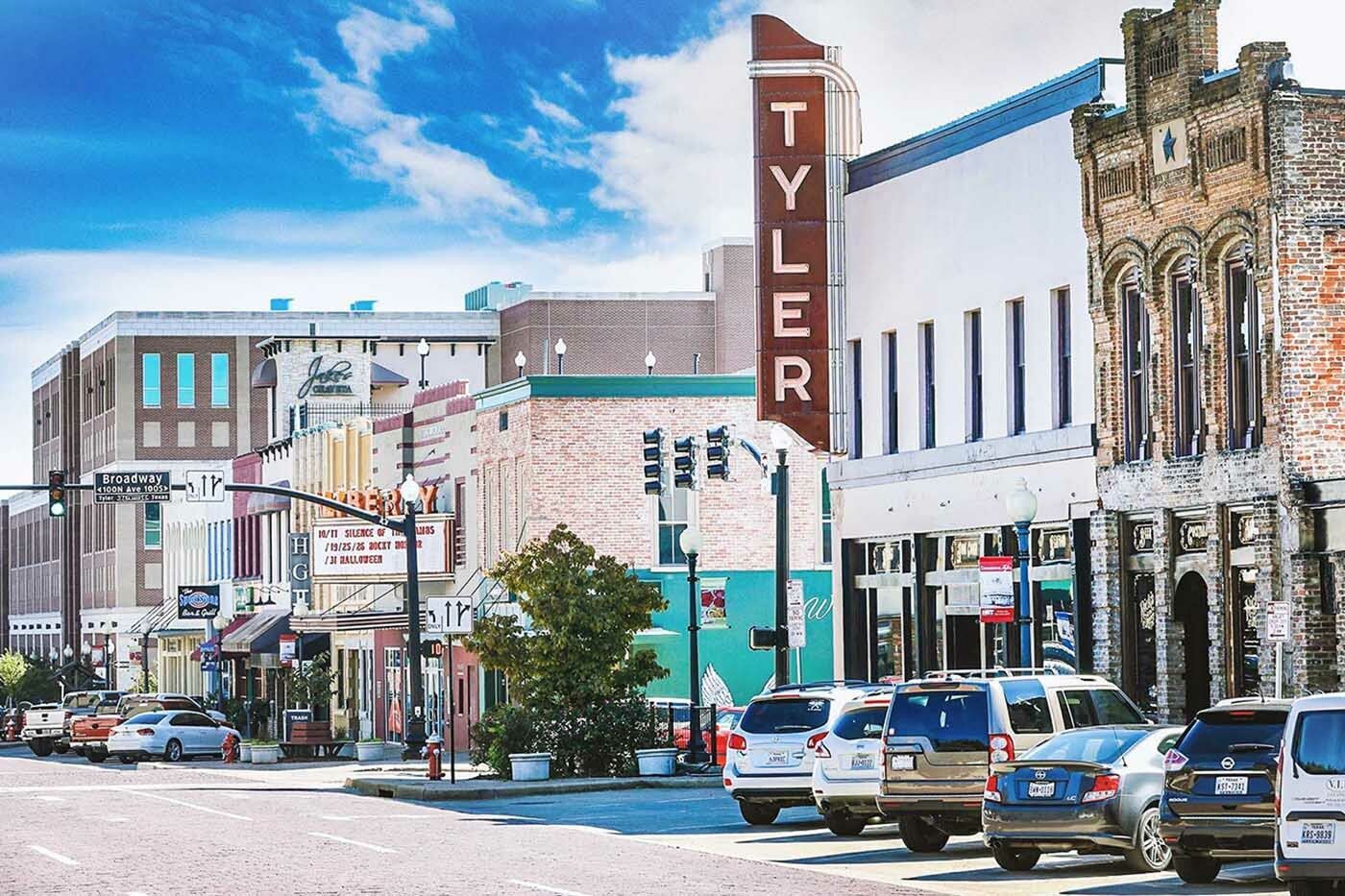 Street view of downtown Tyler, Texas, with the