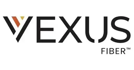 Logo for Wexus Fiber, text in black with an abstract emblem in gold and red.