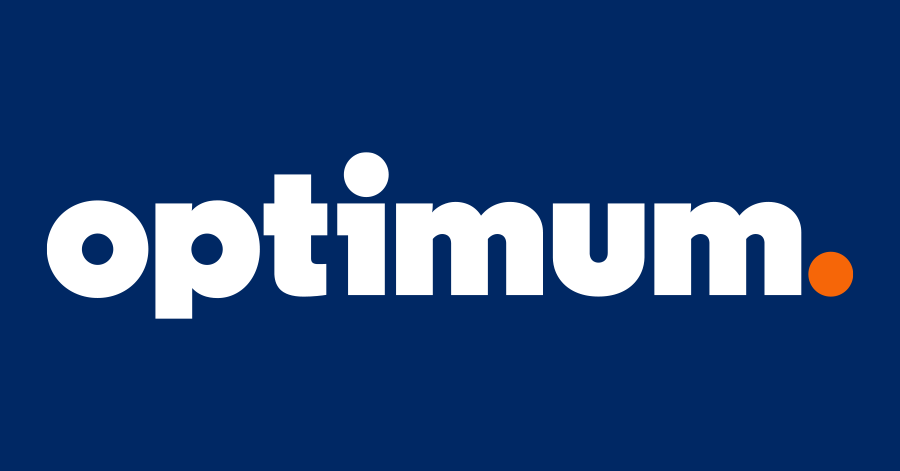 Optimum logo with white text on dark blue background; orange period.