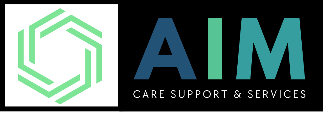 A logo for aim care support and services