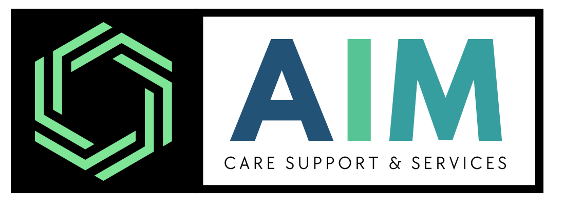A logo for aim care support and services
