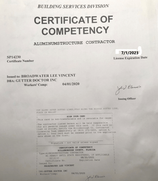 Contractor License Lutz, FL Gutter Doctor Inc.