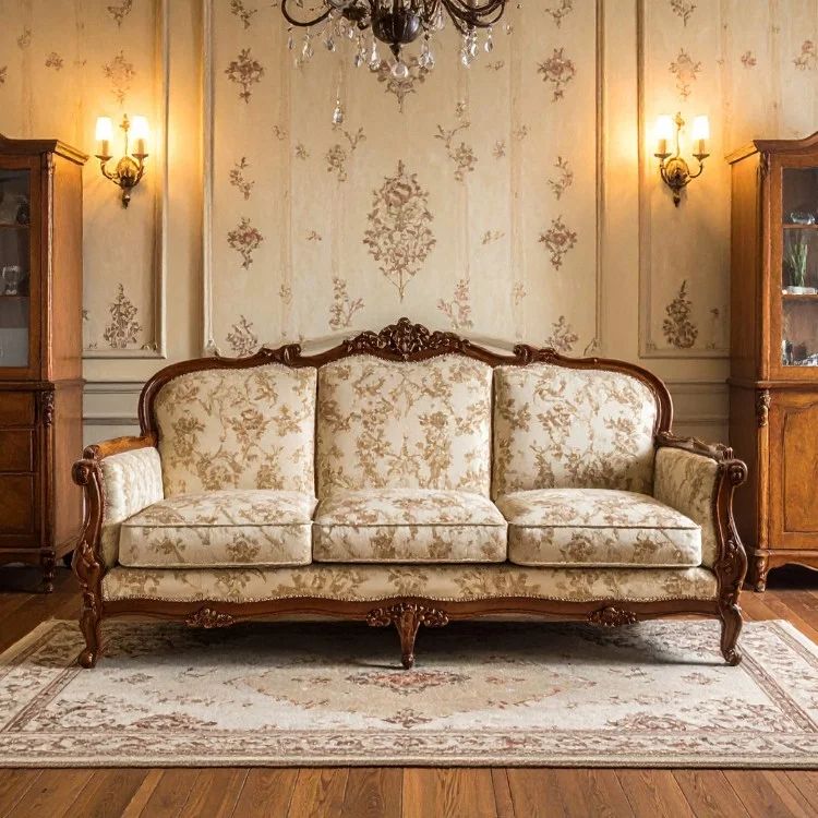 Ornate vintage cream upholstered sofa in a formal living room with carved wood and wall sconces