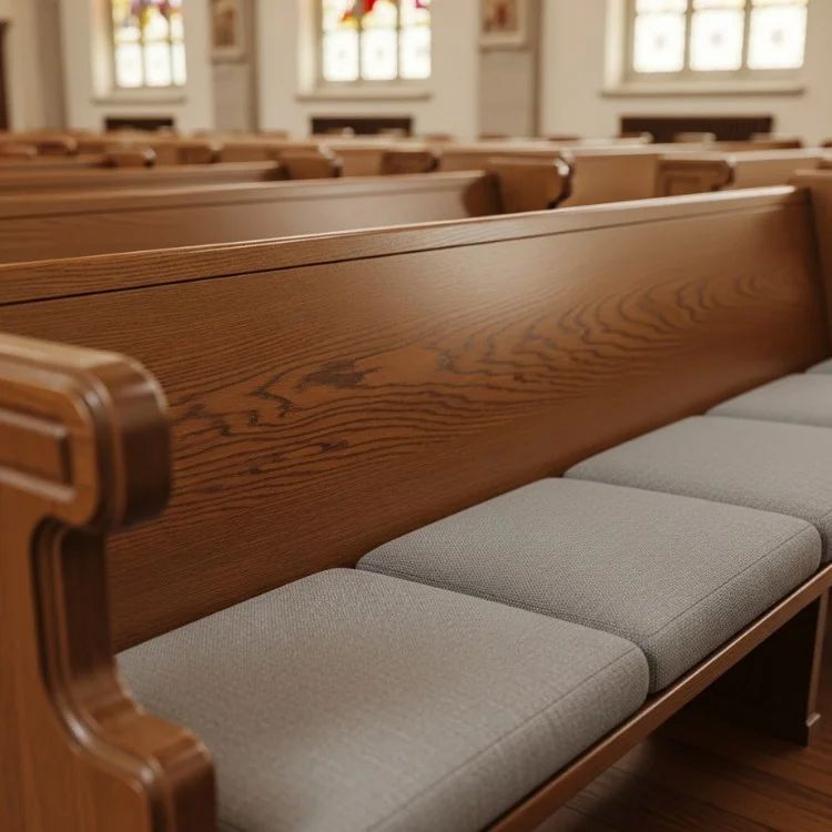 Empty wooden church pews with gray cushions in a bright sanctuary