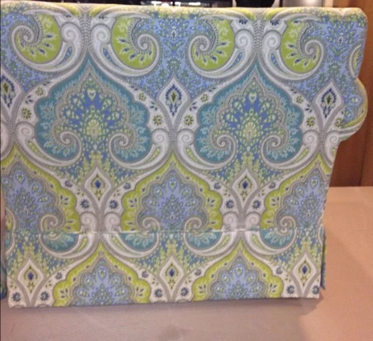 Patterned fabric panel with teal, blue, green, and white paisley designs