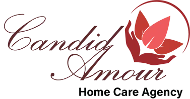 Logo for Candid Amour Home Care Agency featuring stylized hands holding three red lotus petals inside a circular outline.