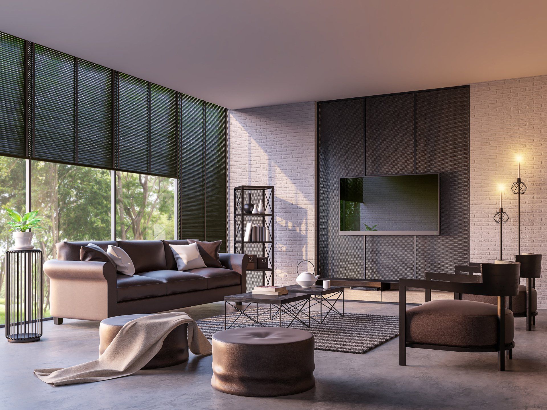 Modern living room with leather furniture, large windows, and a mounted TV.