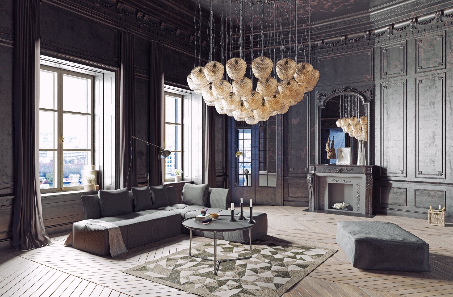 Luxurious living room with dark gray walls, large windows, chandelier, and modern furniture.