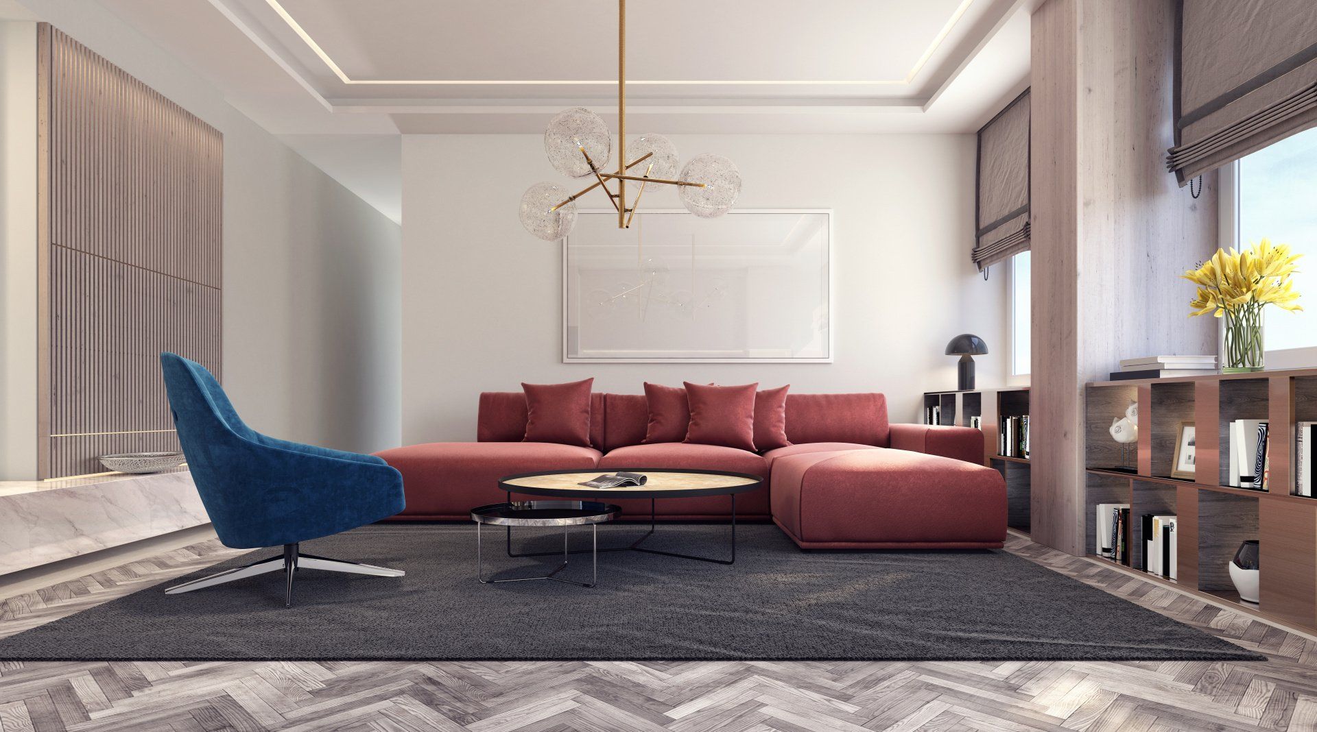 Modern living room with red sectional sofa, blue chair, and black rug.