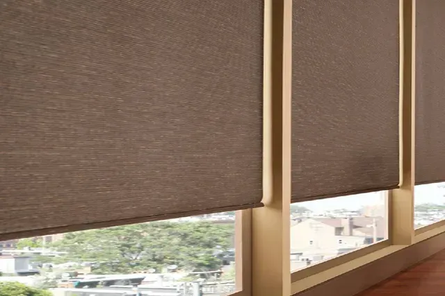 Brown roller shades covering a window, overlooking a city.