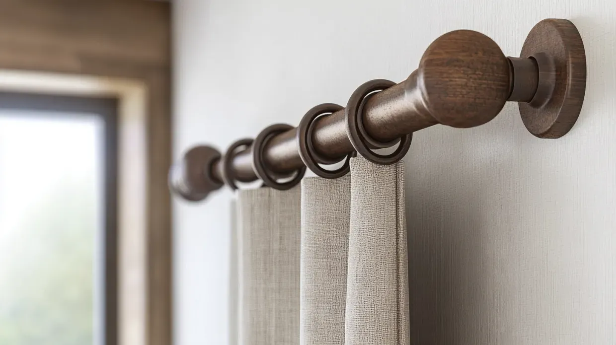 Close-up of a wooden curtain rod with beige curtains against a light wall