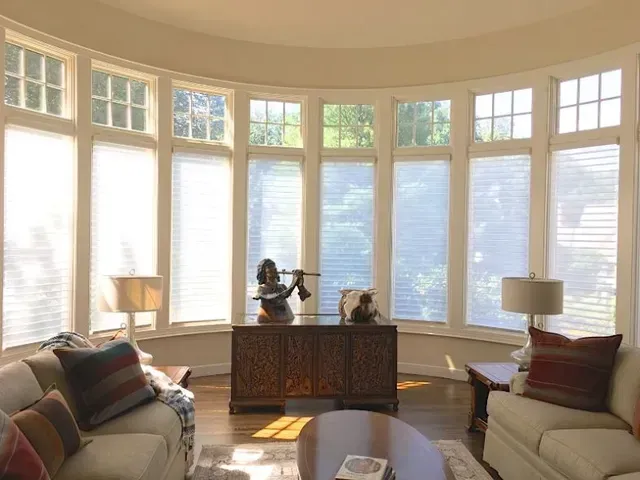 Living room with curved wall of windows, furniture, lamps, and sunlight.