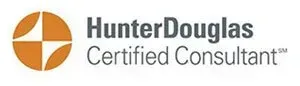 Hunter Douglas Certified Consultant logo. Orange circle with a stylized cross and text in gray.