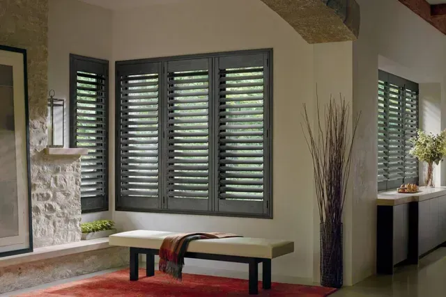 Hunter Douglas Heritance hardwood shutters in living room, Westborough MA, Simply Windows